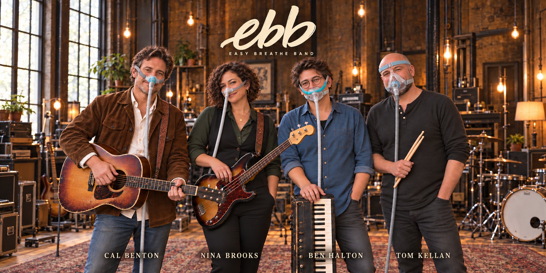 EBB members Cal Benton, Nina Brooks, Ben Halton and Tom Kellan in their rehearsal studio wearing CPAP masks.