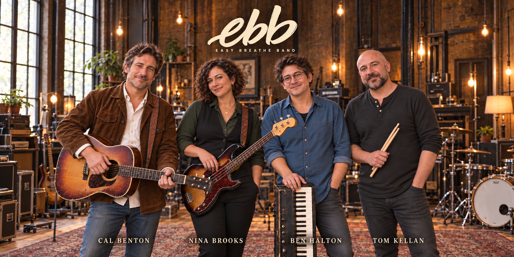 EBB members Cal Benton, Nina Brooks, Ben Halton and Tom Kellan with their instruments in a warm rehearsal studio.